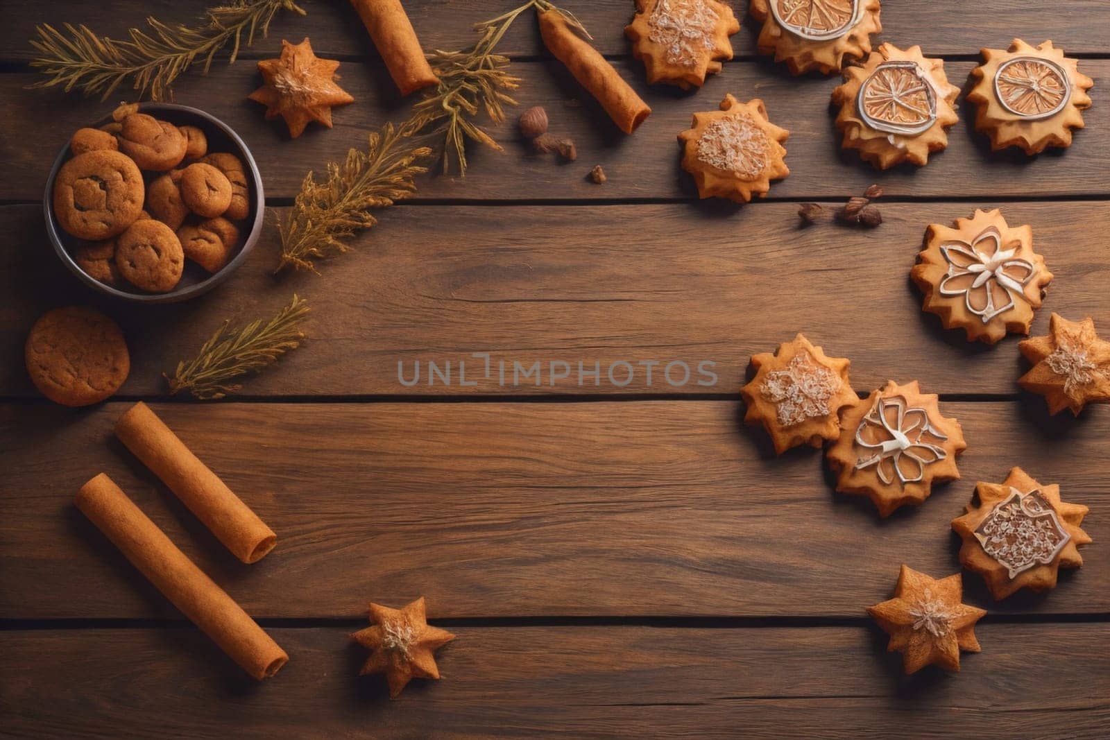 Cookies on a wooden table. Top view. ai generative