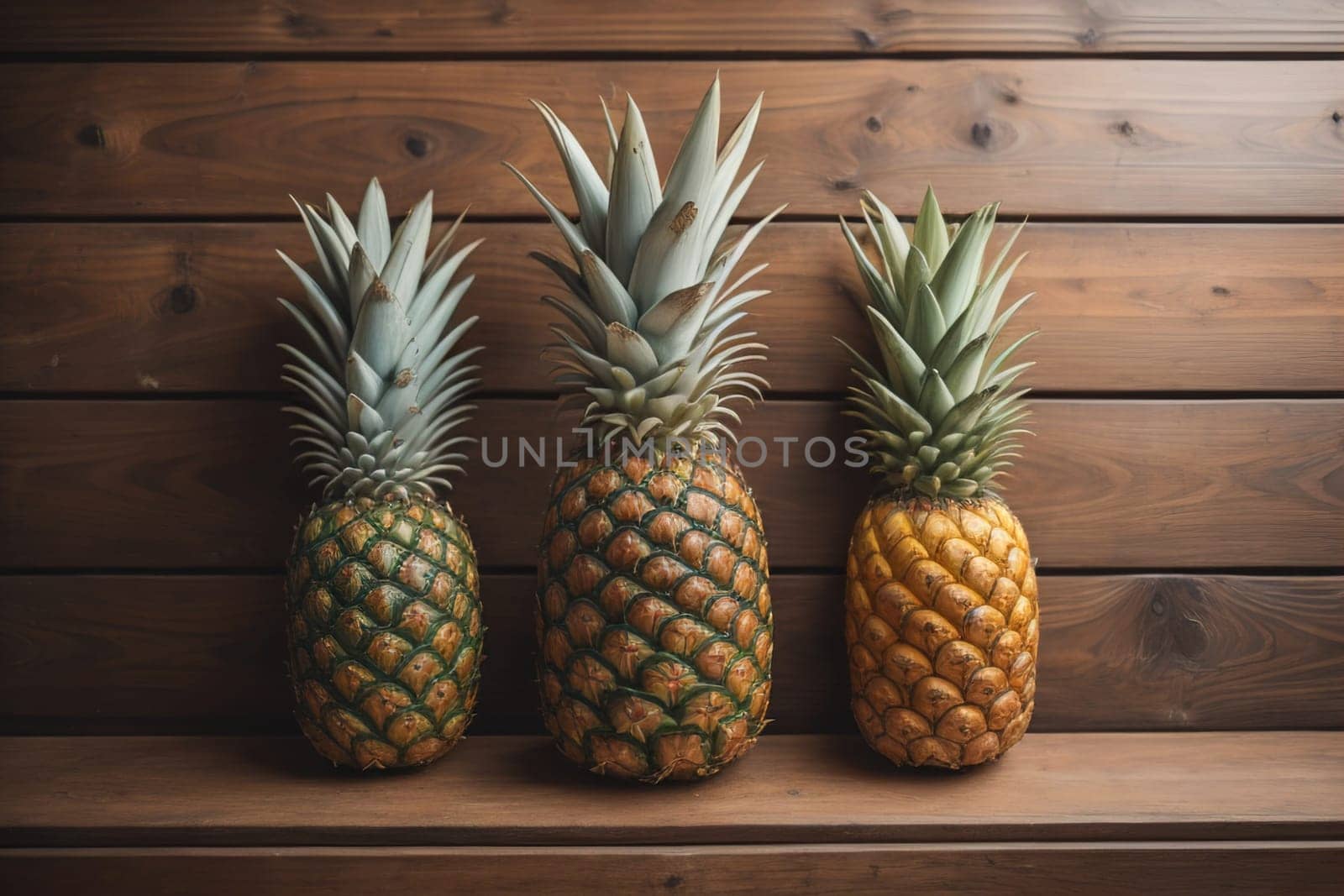Pineapples on a wooden background. ai generative