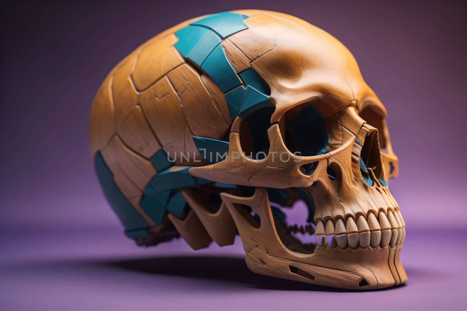 human skull on solid color background. Halloween concept. Close up. ai generative