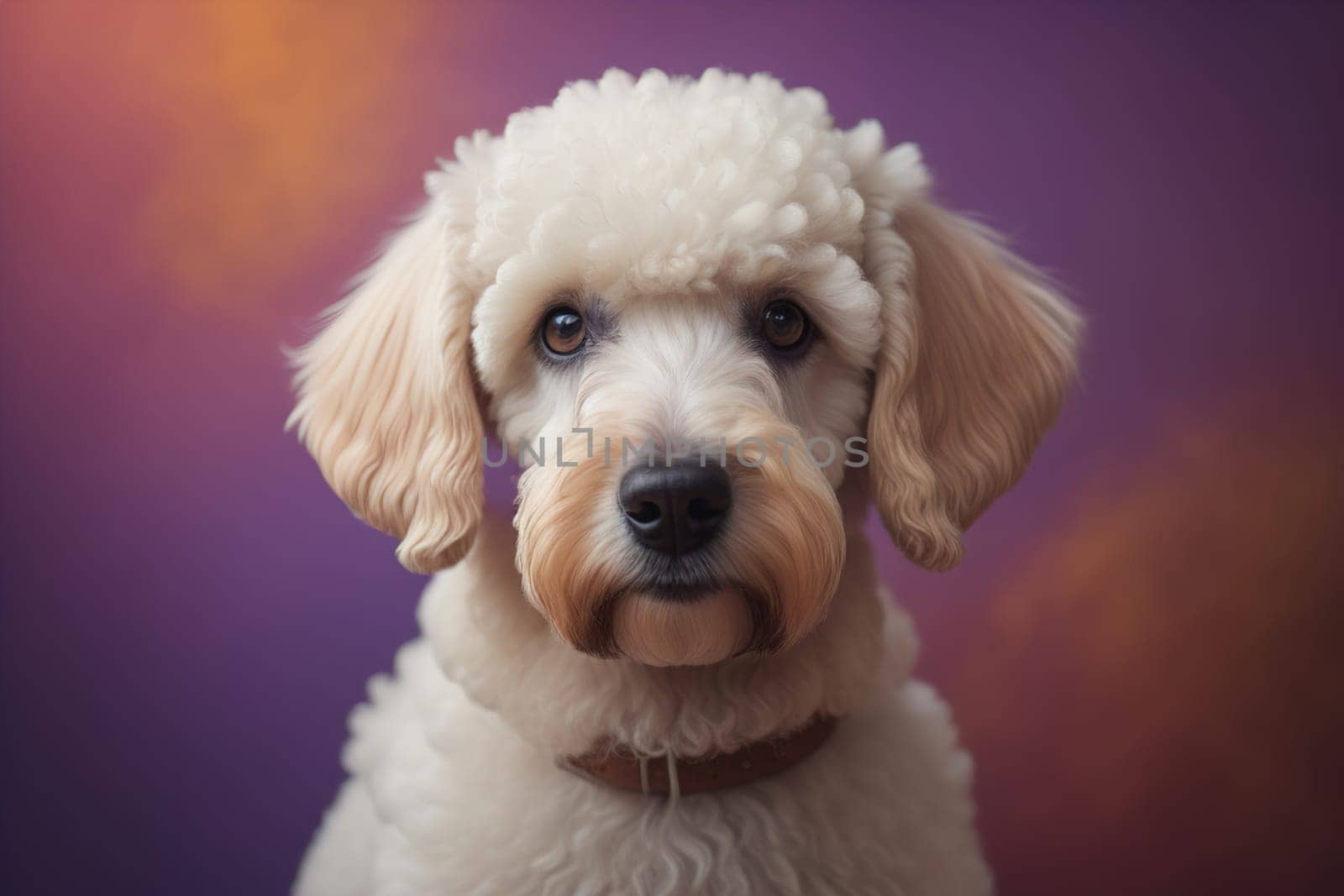 Close-up portrait of a poodle dog on a solid color background. ai generative by sanisra