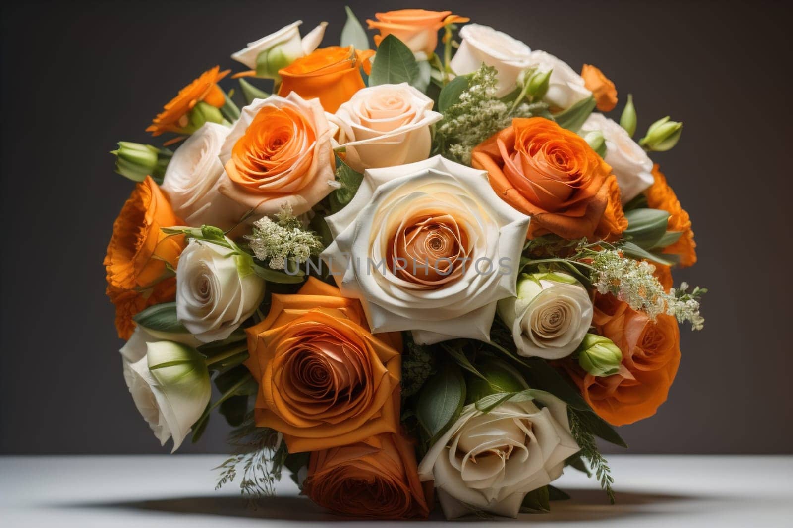 wedding bouquet of different colors on a solid color background. ai generative