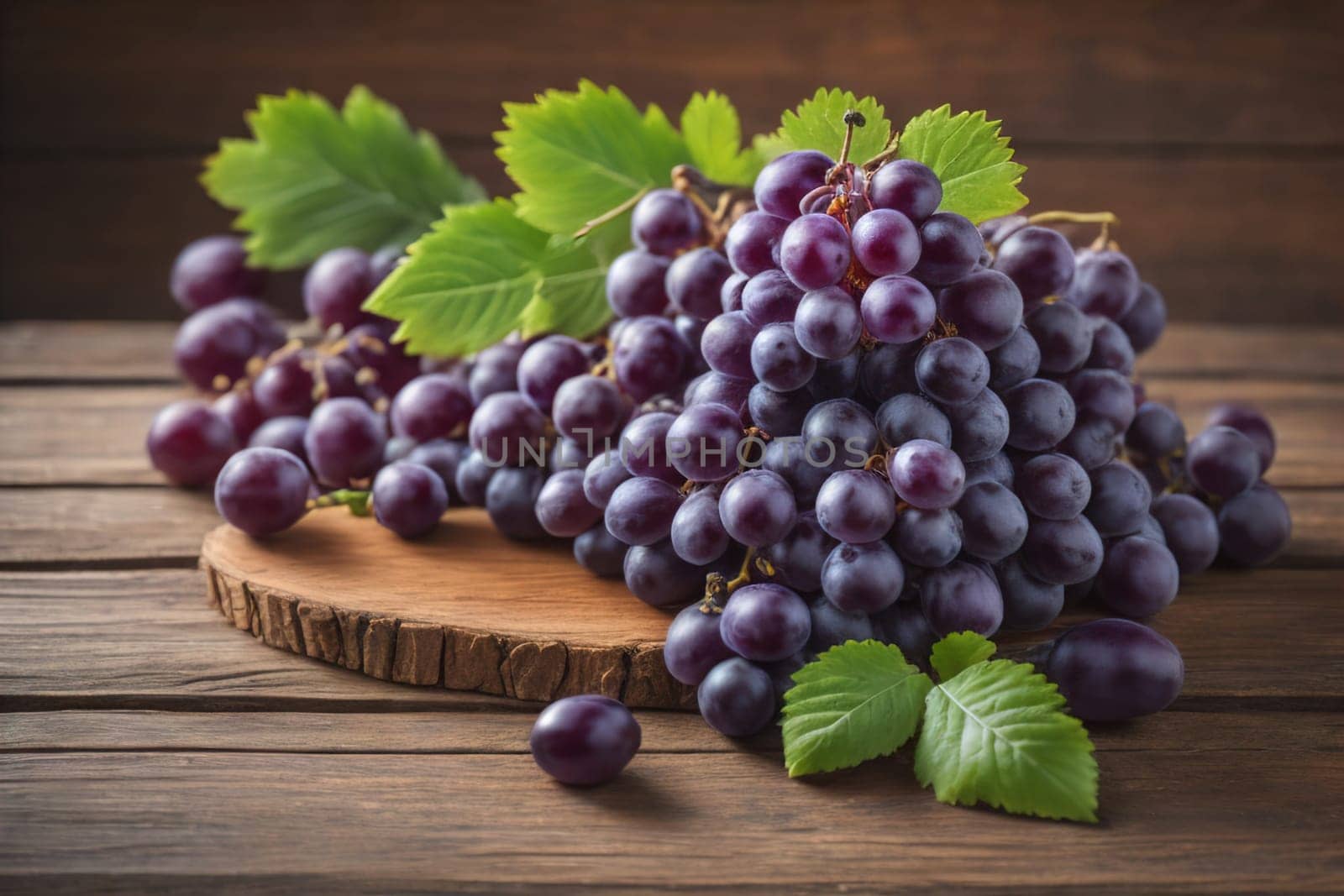 Bunch of fresh grapes on wooden table. Vintage style toned picture. ai generative