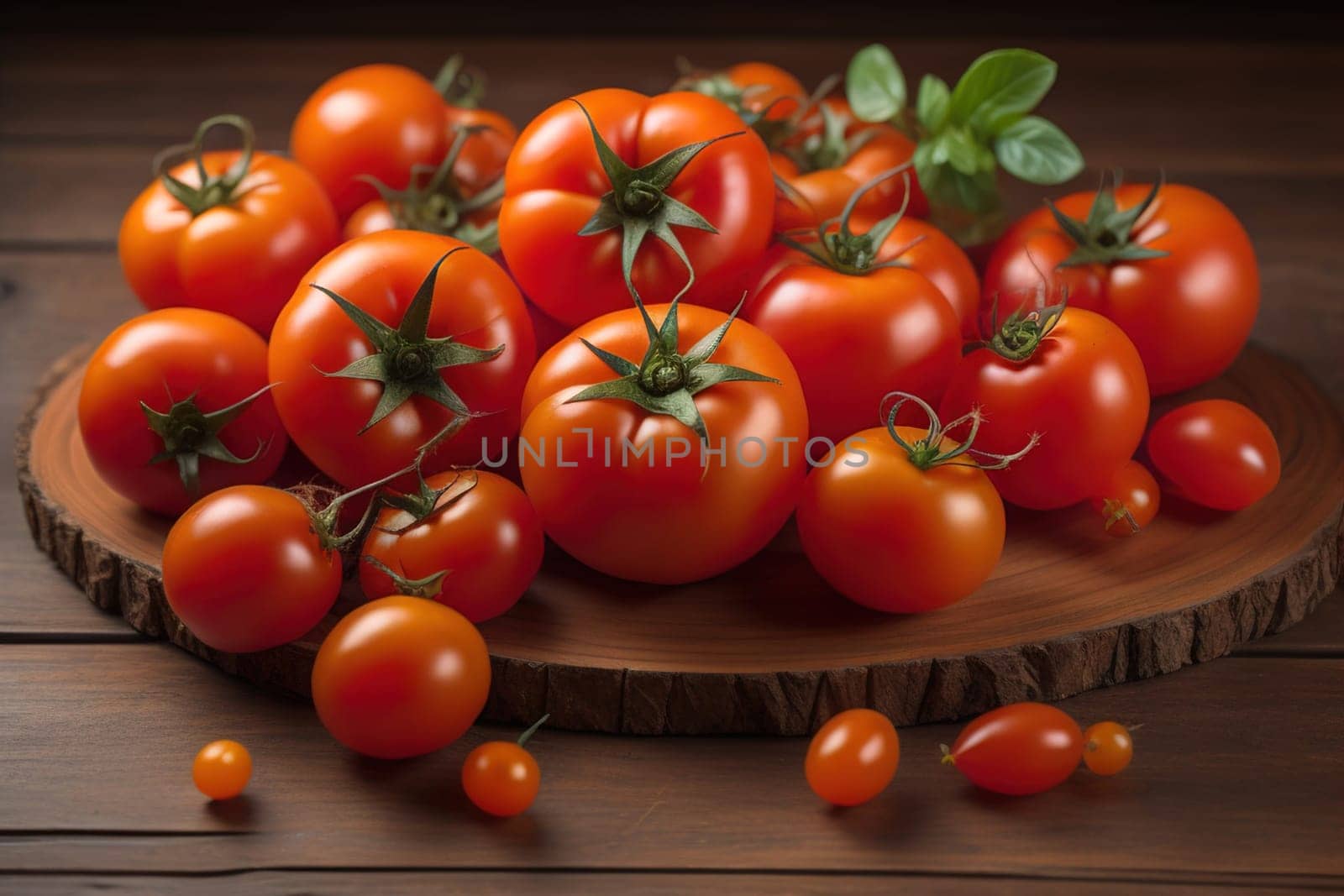 Tomatoes on a wooden table on a dark background. ai generative