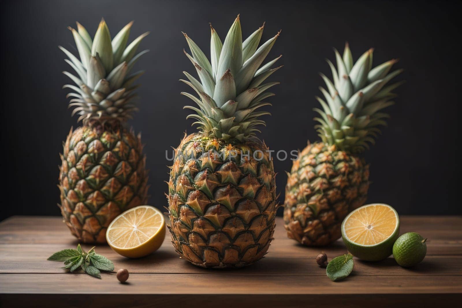 Pineapples on a wooden background. ai generative