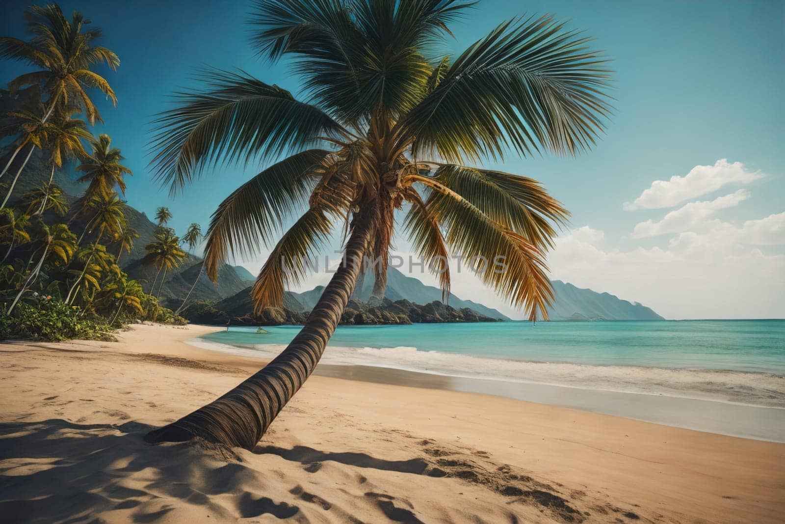 Beautiful tropical beach with coconut palm tree. ai generative