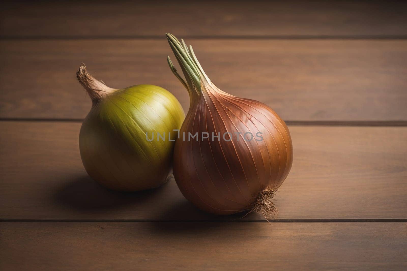 Three onions on a wooden table in front of a solid color background. ai generative