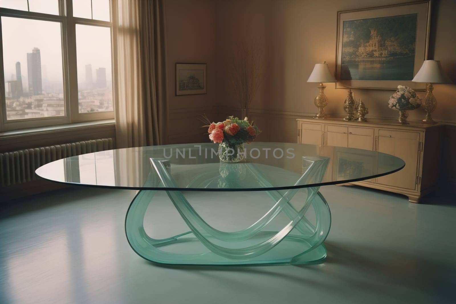 a glass table in a room. ai generative