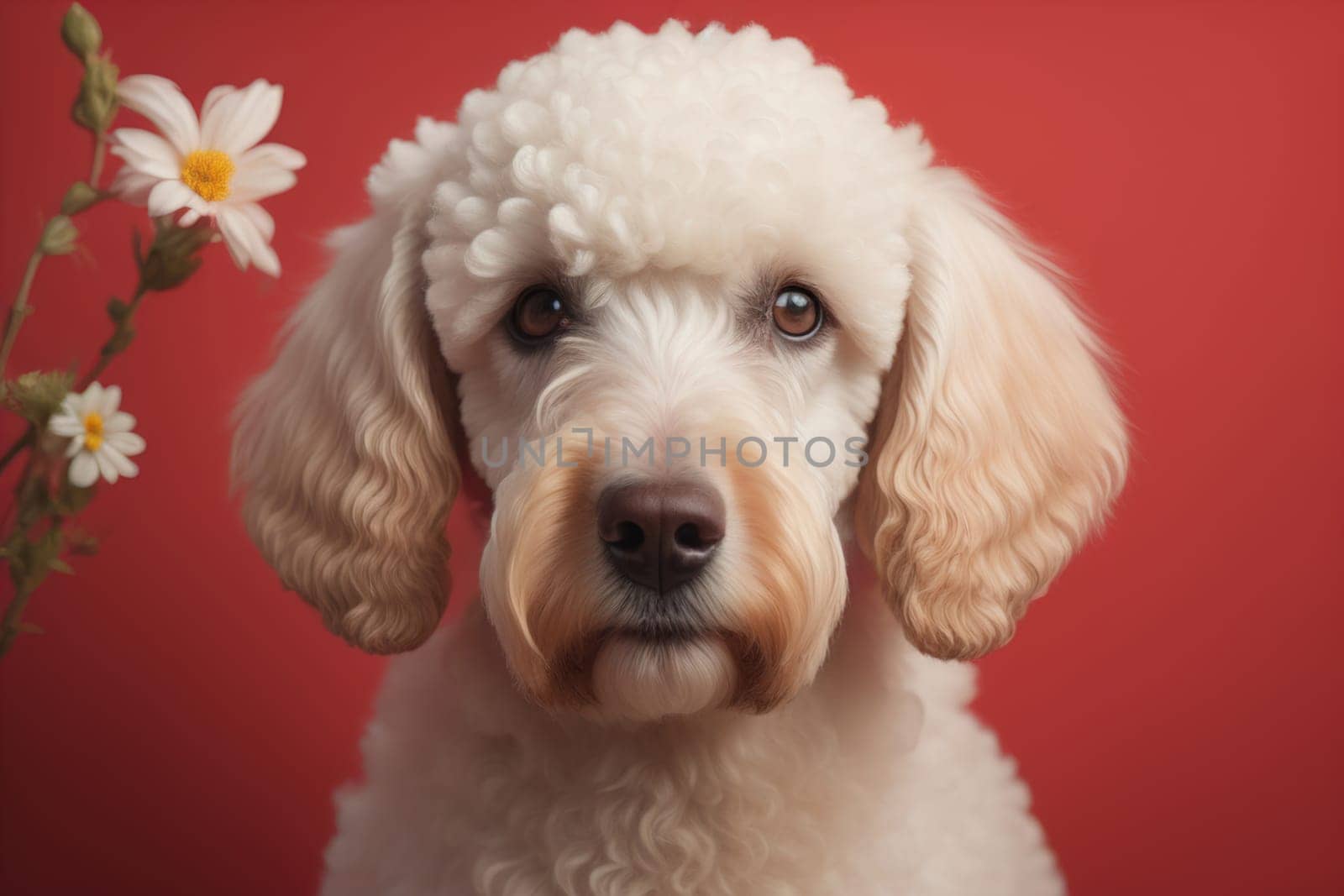 Close-up portrait of a poodle dog on a solid color background. ai generative by sanisra