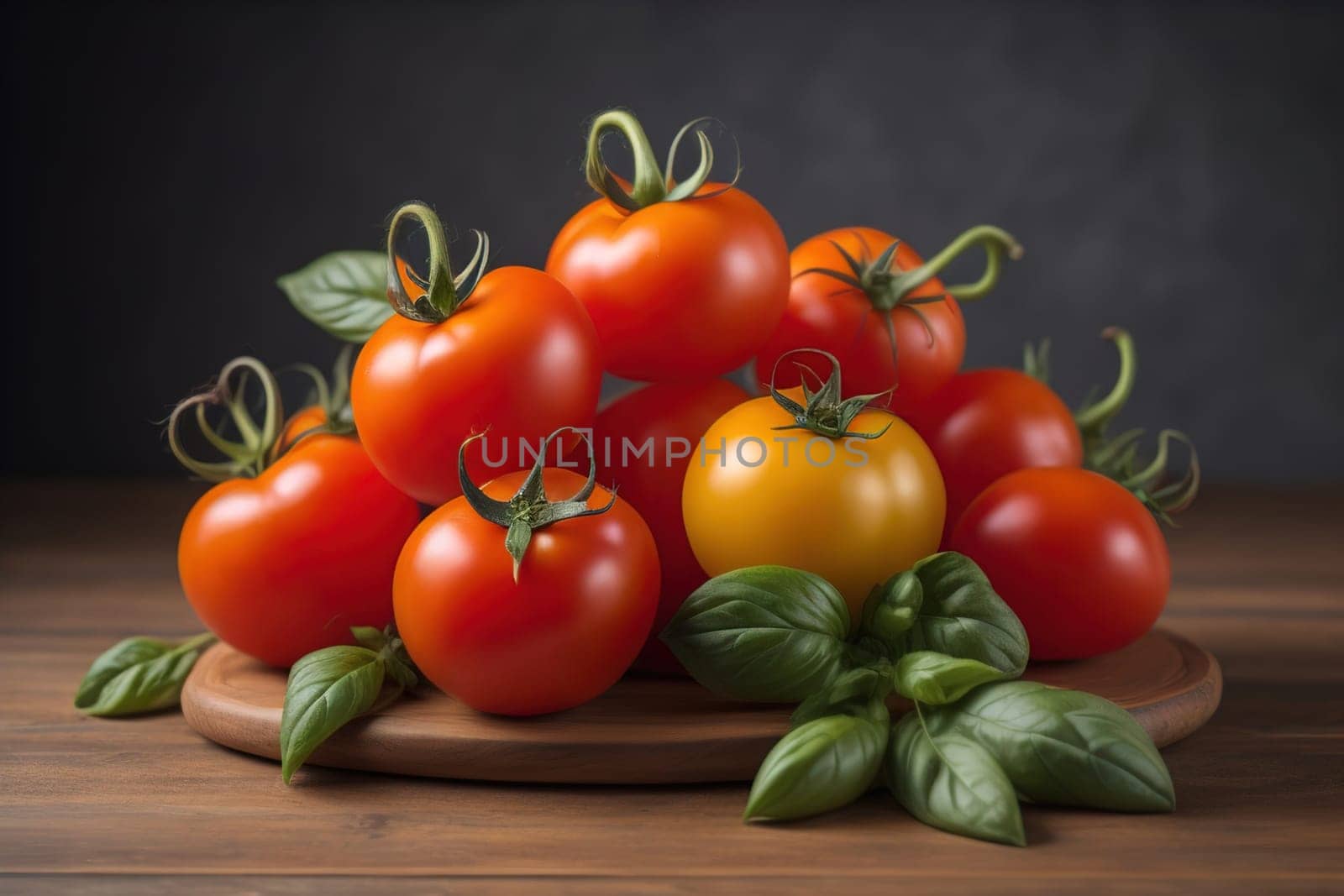 Tomatoes on a wooden table on a dark background. ai generative