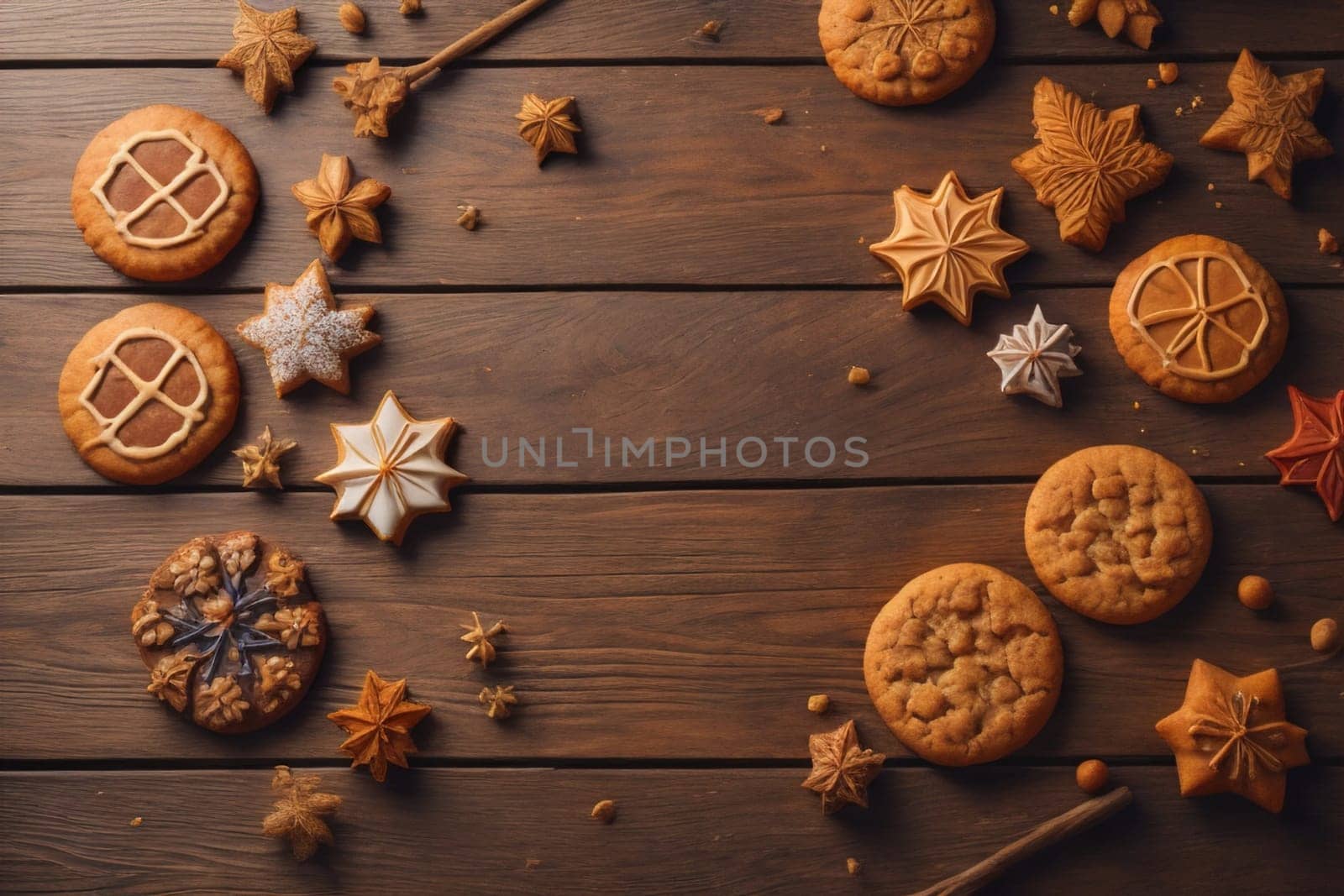 Cookies on a wooden table. Top view. ai generative
