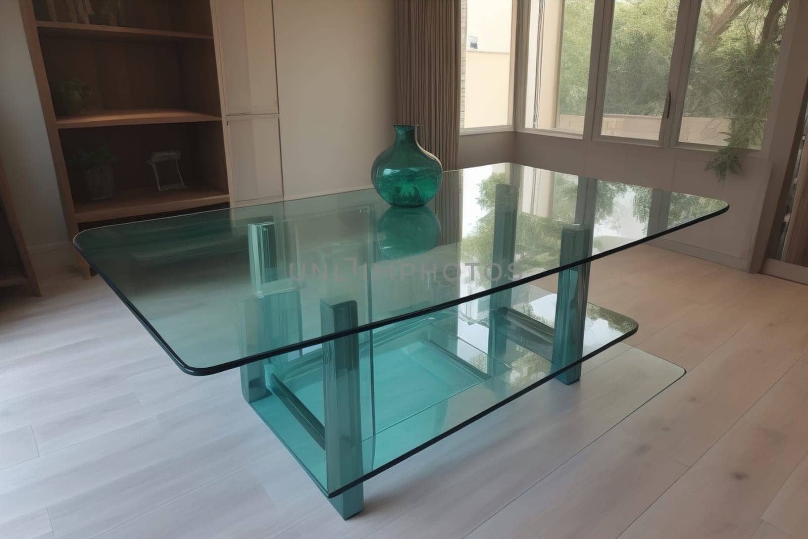 a glass table in a room. ai generative