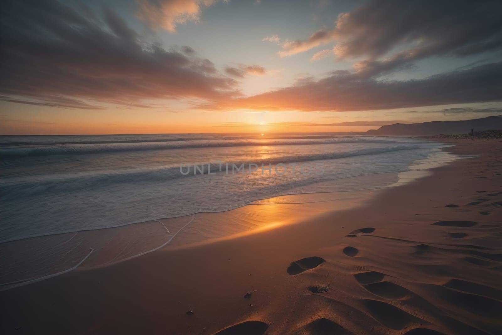 Beautiful sunset on the beach with reflection in the water. Long exposure. ai generative by sanisra