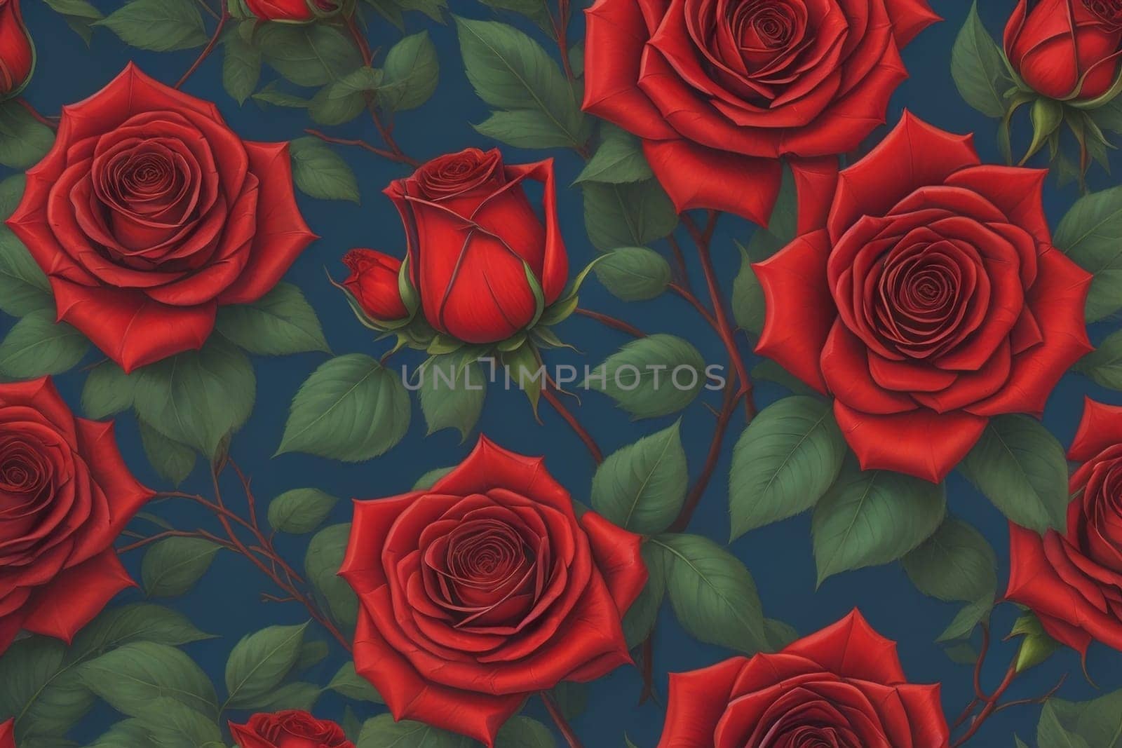 Red roses background. Top view of beautiful red roses with green leaves. ai generative