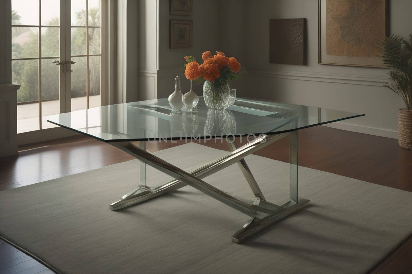 a glass table in a room. ai generative