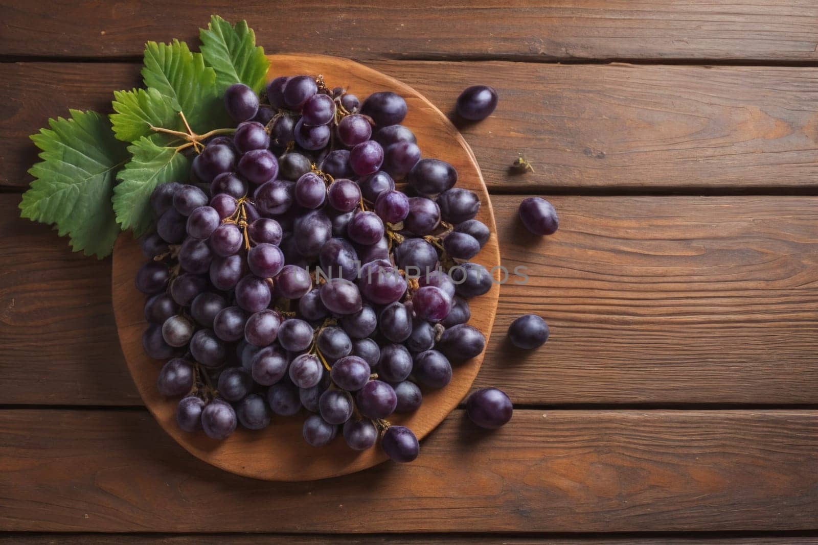 Bunch of fresh grapes on wooden table. Vintage style toned picture. ai generative