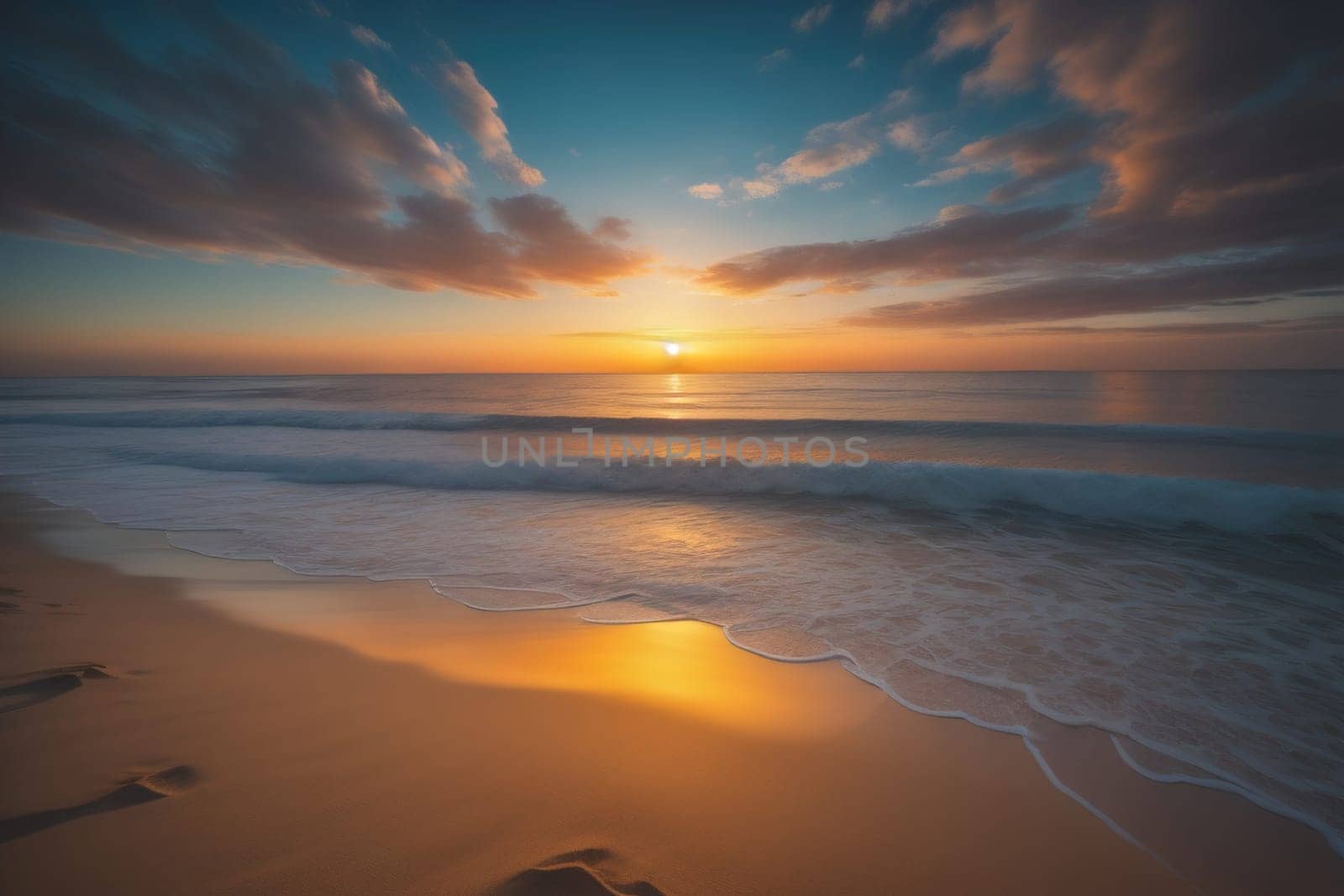Beautiful sunset on the beach with reflection in the water. Long exposure. ai generative