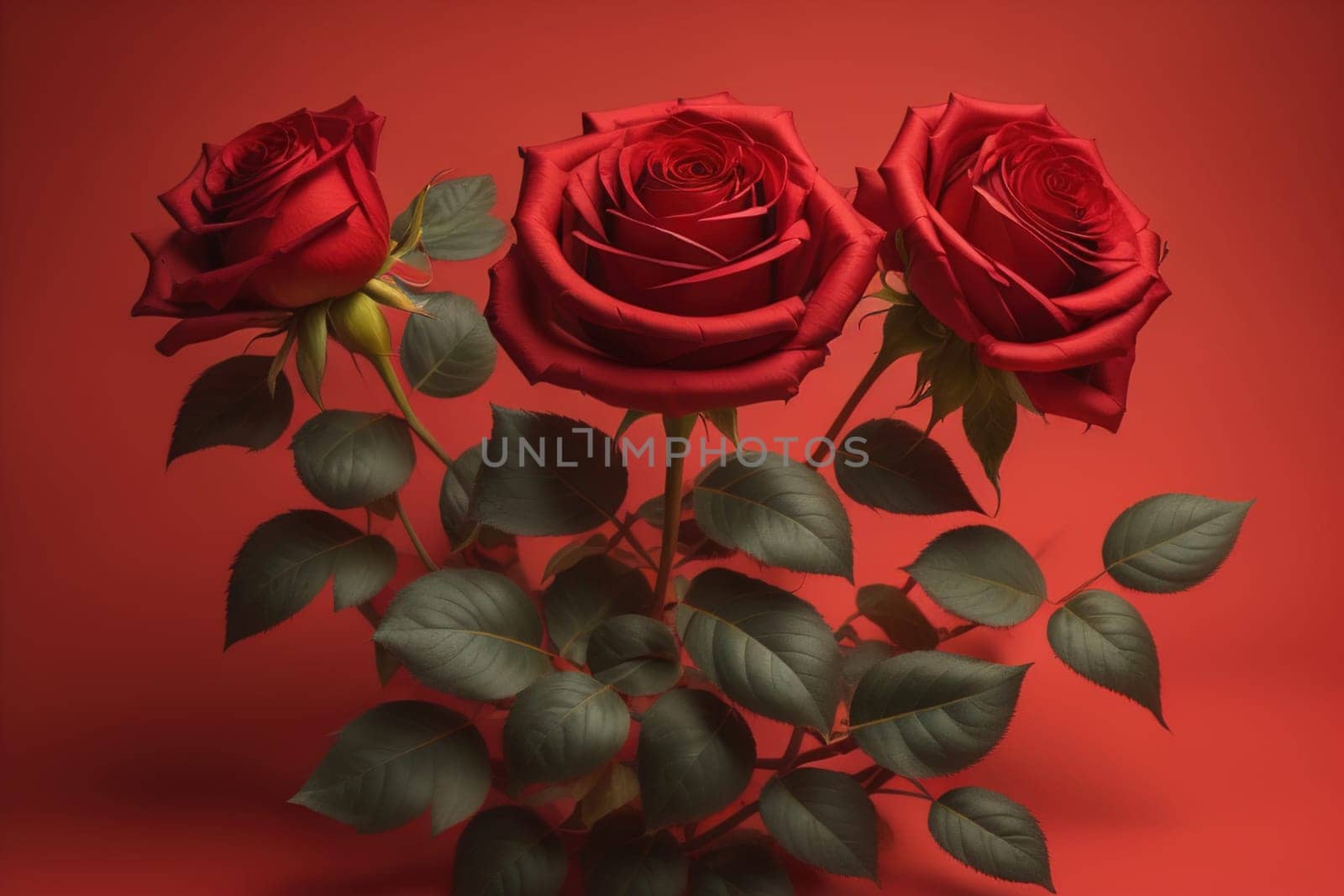 Red roses background. Top view of beautiful red roses with green leaves. ai generative by sanisra