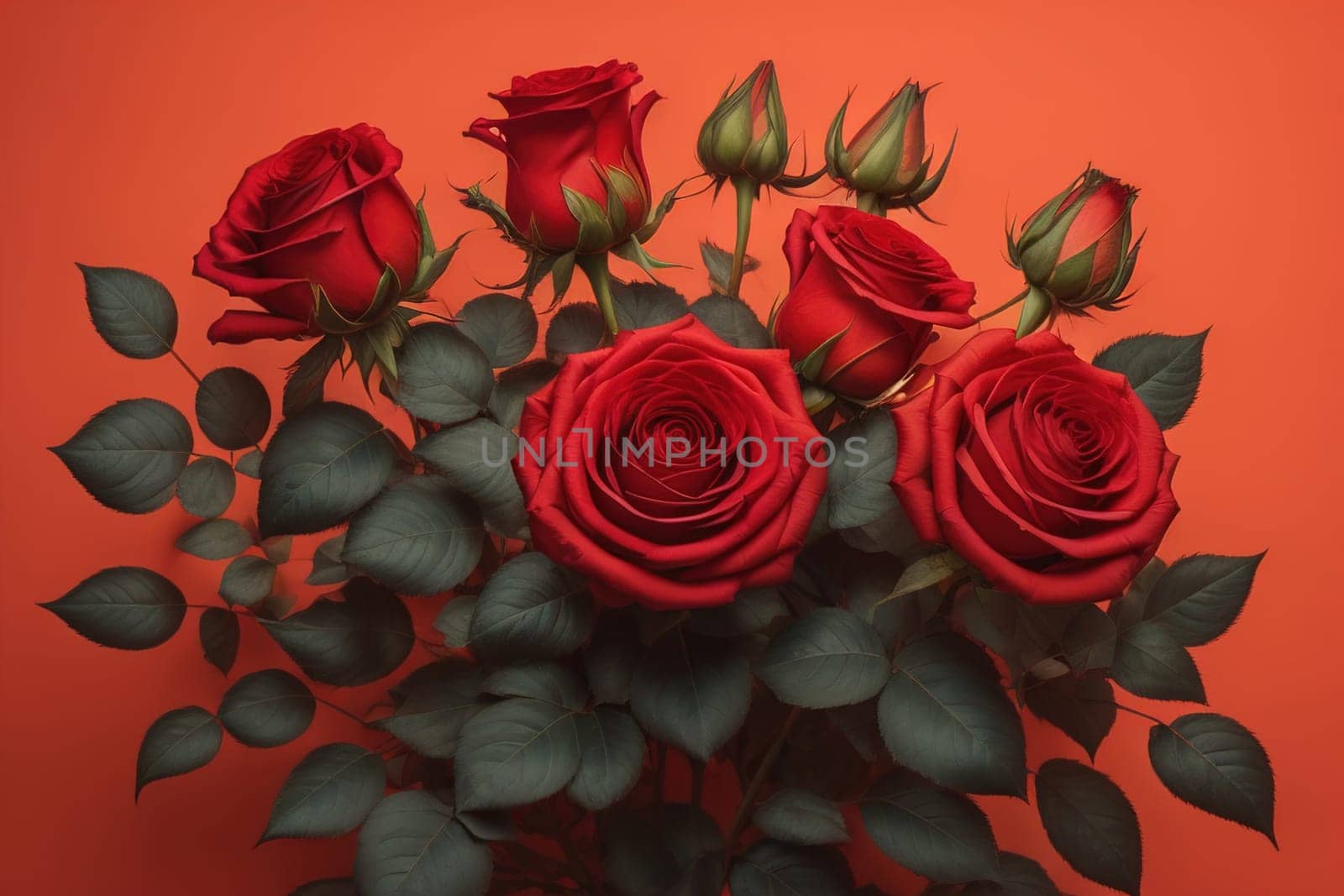 Red roses background. Top view of beautiful red roses with green leaves. ai generative