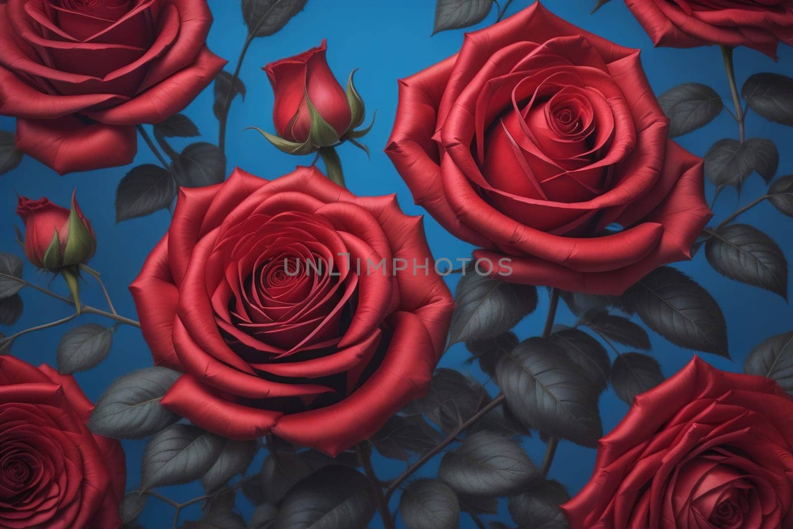 Red roses background. Top view of beautiful red roses with green leaves. ai generative