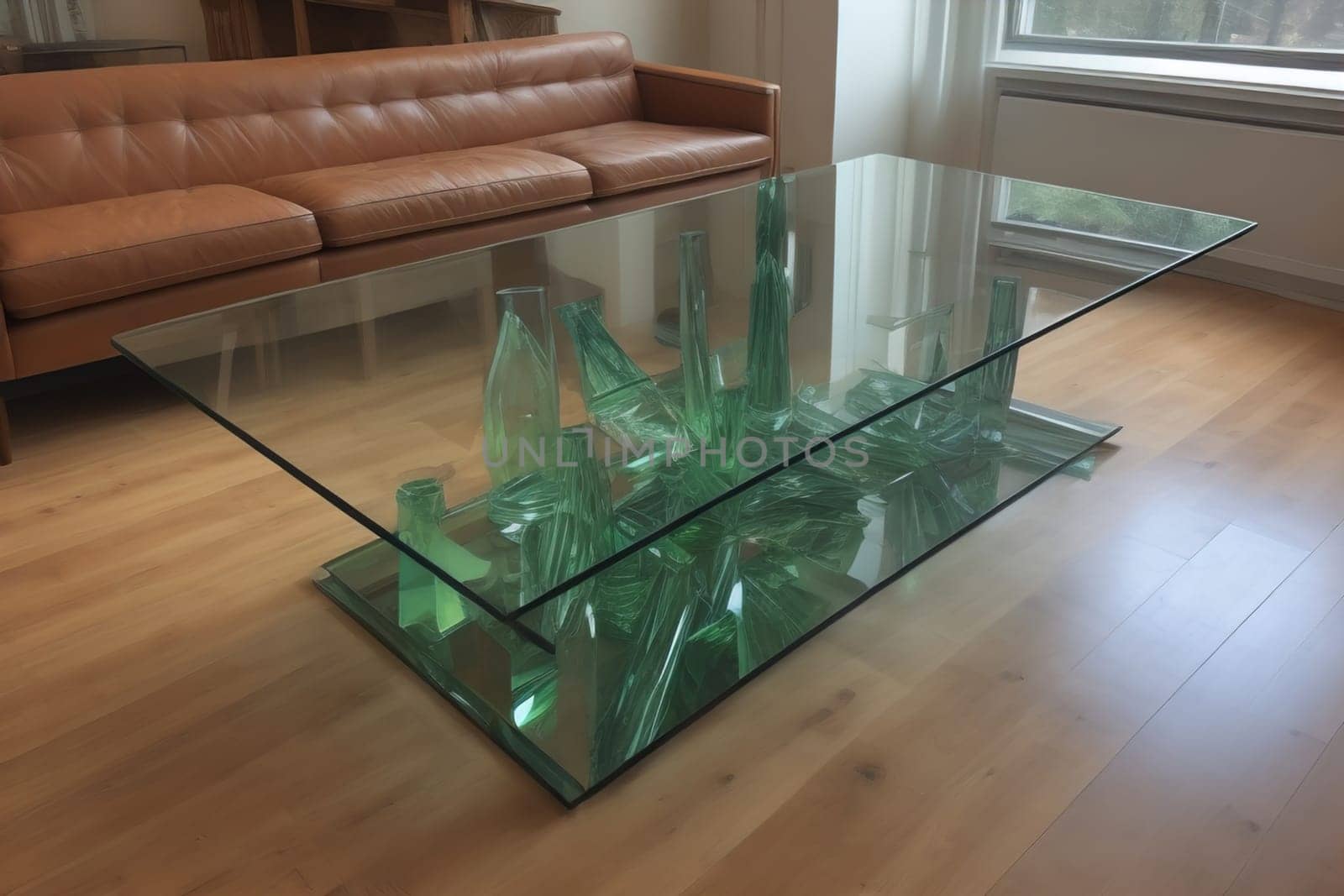 a glass table in a room. ai generative