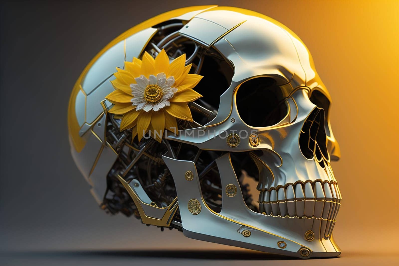 Human skull with gears and cogwheels. ai generative