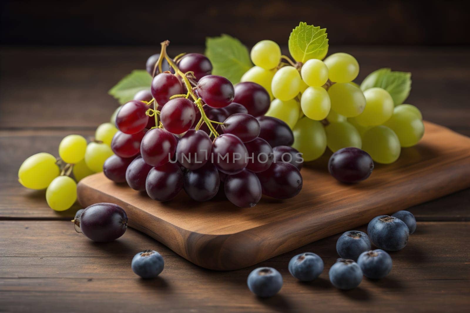 Bunch of fresh grapes on wooden table. Vintage style toned picture. ai generative