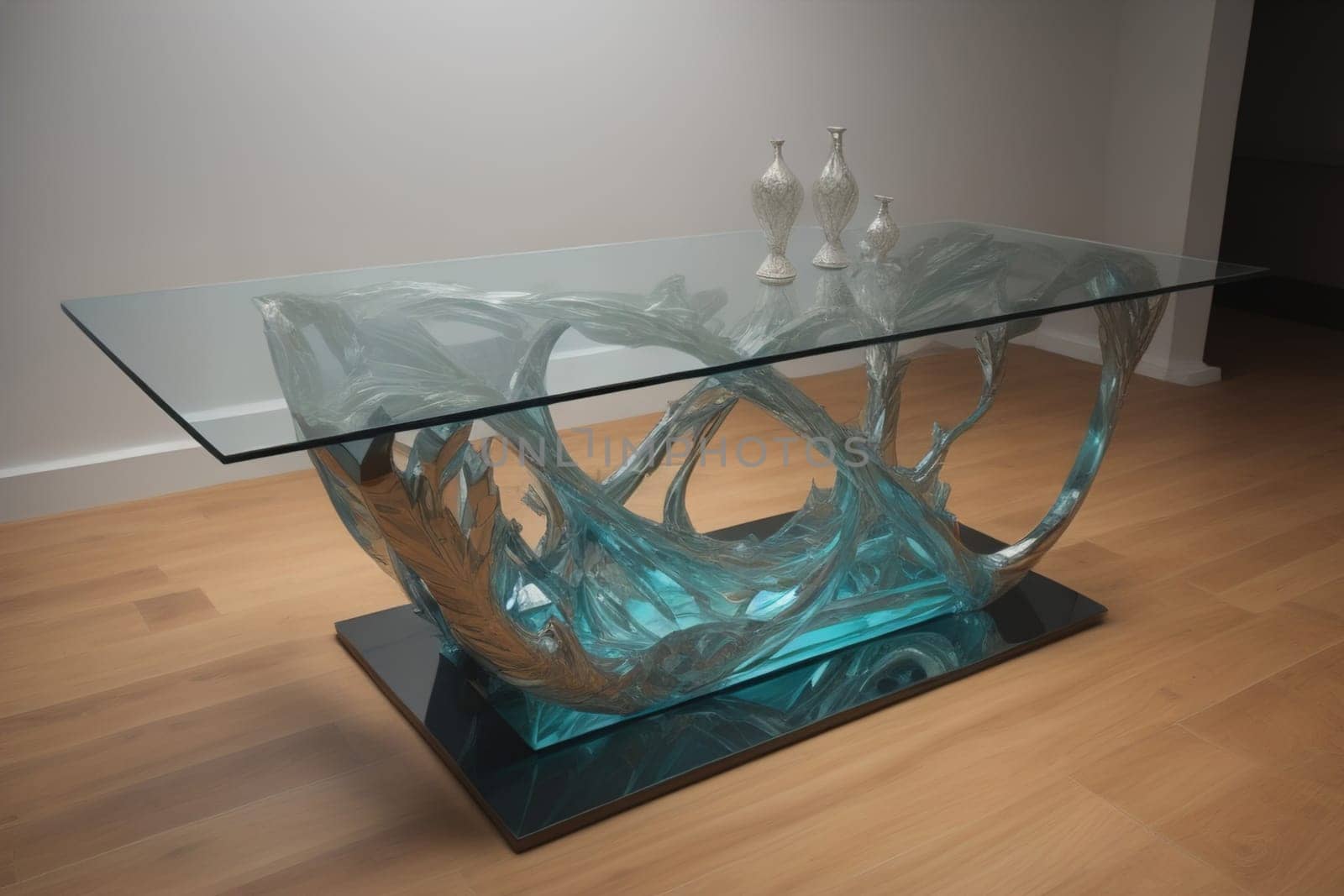 a glass table in a room. ai generative