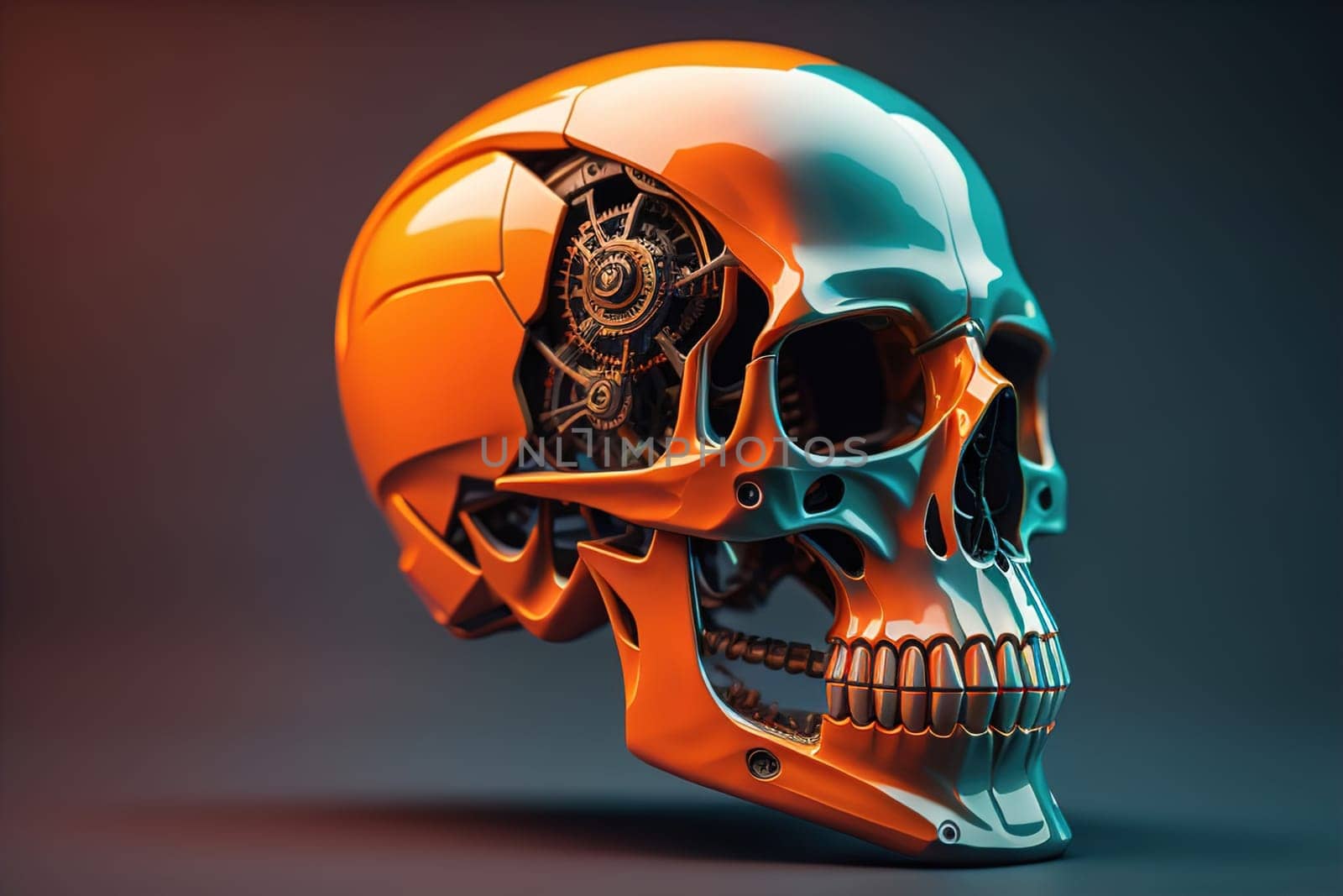 Human skull with gears and cogwheels. ai generative