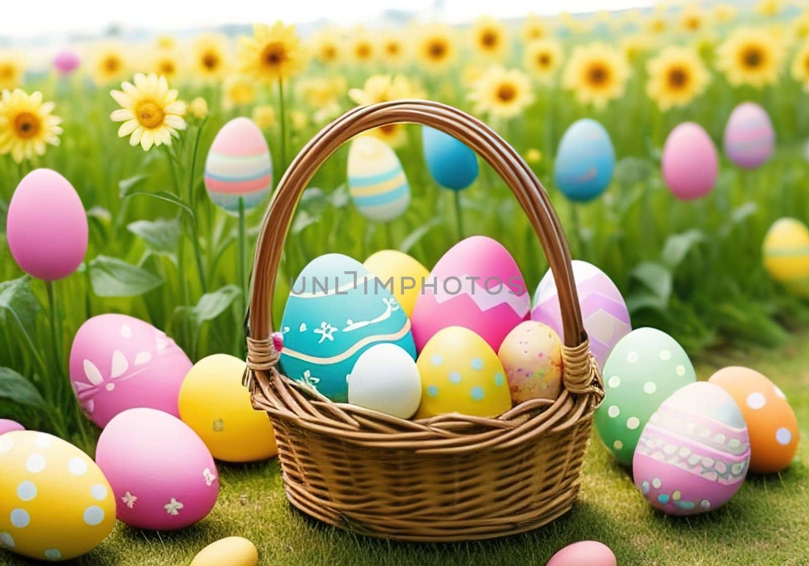 Easter bunny with colorful eggs in nest. ai generative