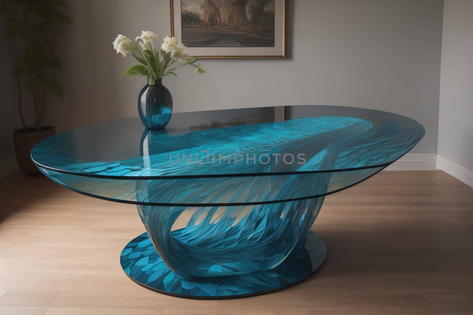 a glass table in a room. ai generative