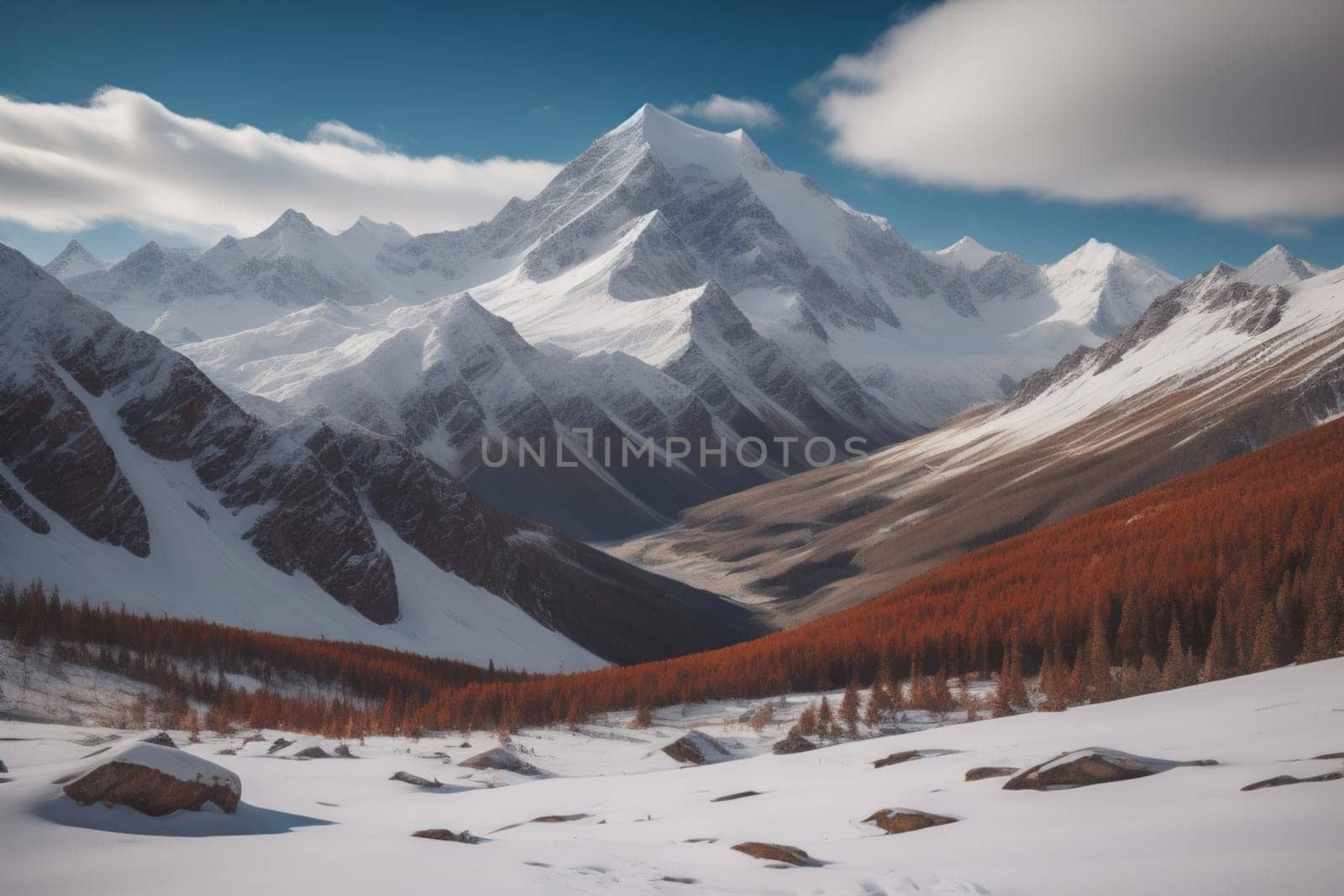 Mountains and snow-capped peaks of the Caucasus Mountains. ai generative