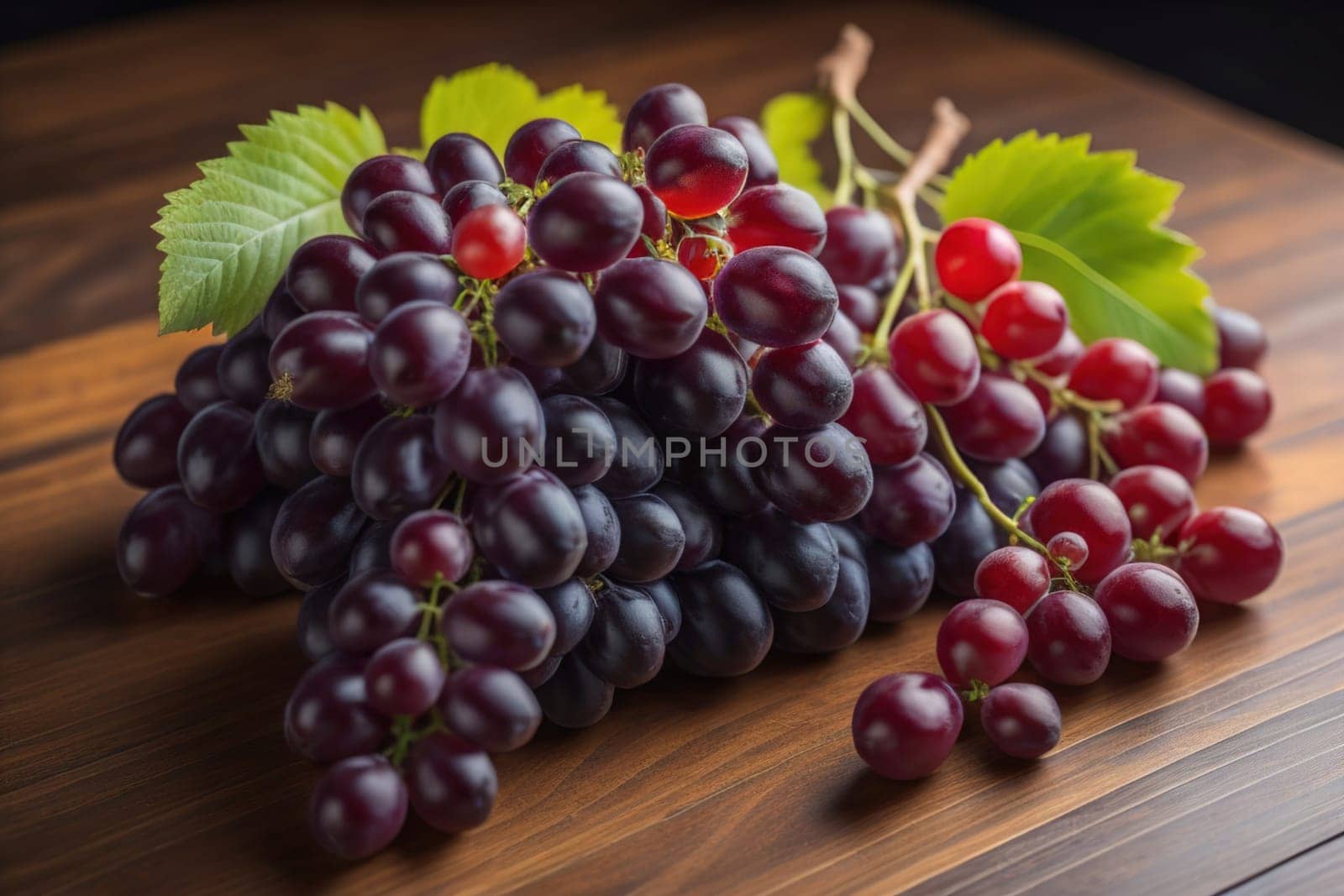 Bunch of fresh grapes on wooden table. Vintage style toned picture. ai generative