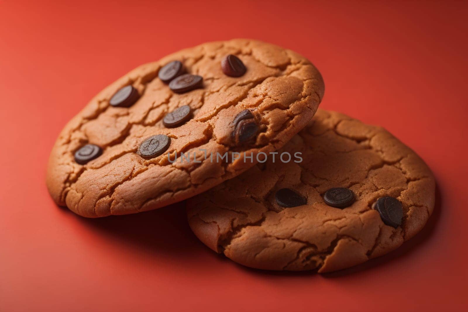 Chocolate chip cookies on orange background. Close up. Selective focus. ai generative