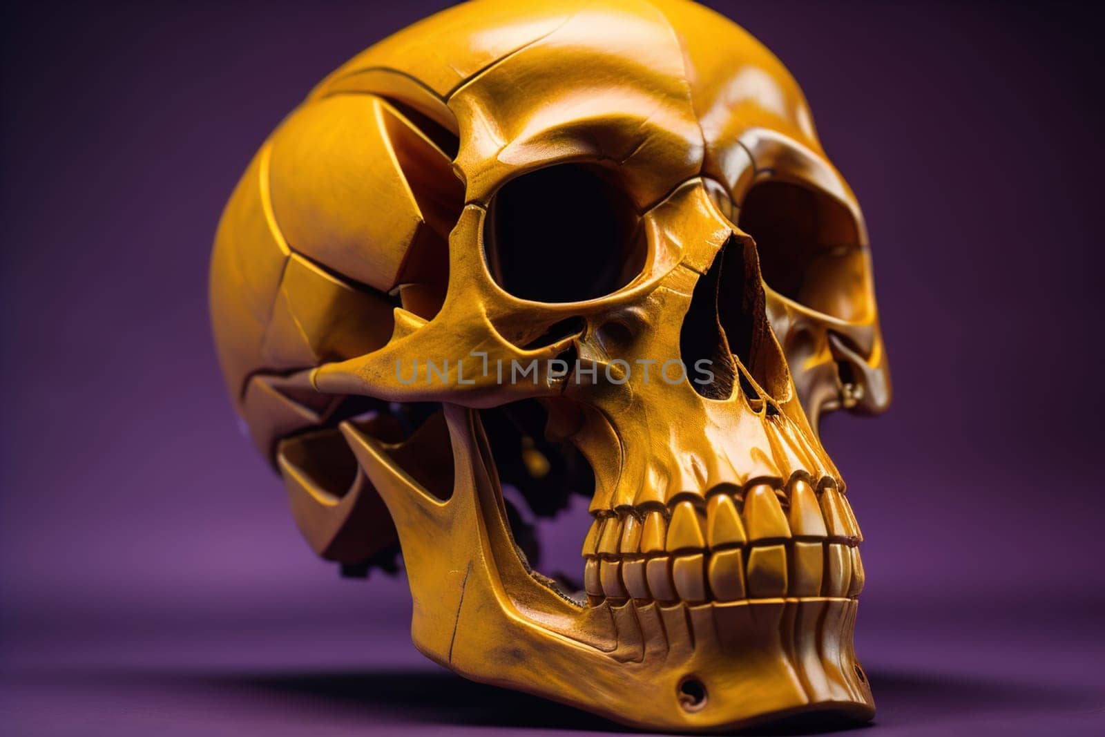 human skull on solid color background. Halloween concept. Close up. ai generative