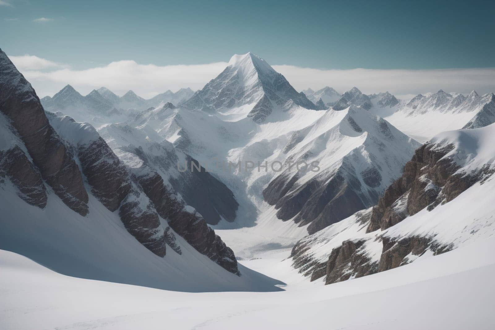 Mountains and snow-capped peaks of the Caucasus Mountains. ai generative