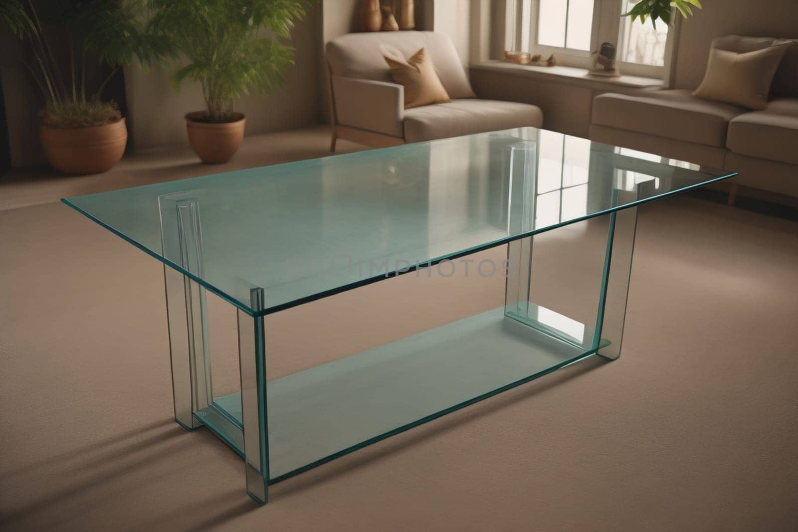 a glass table in a room. ai generative