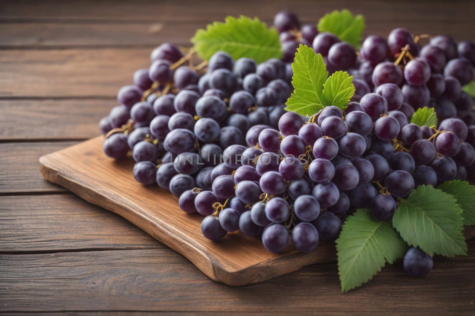 Bunch of fresh grapes on wooden table. Vintage style toned picture. ai generative