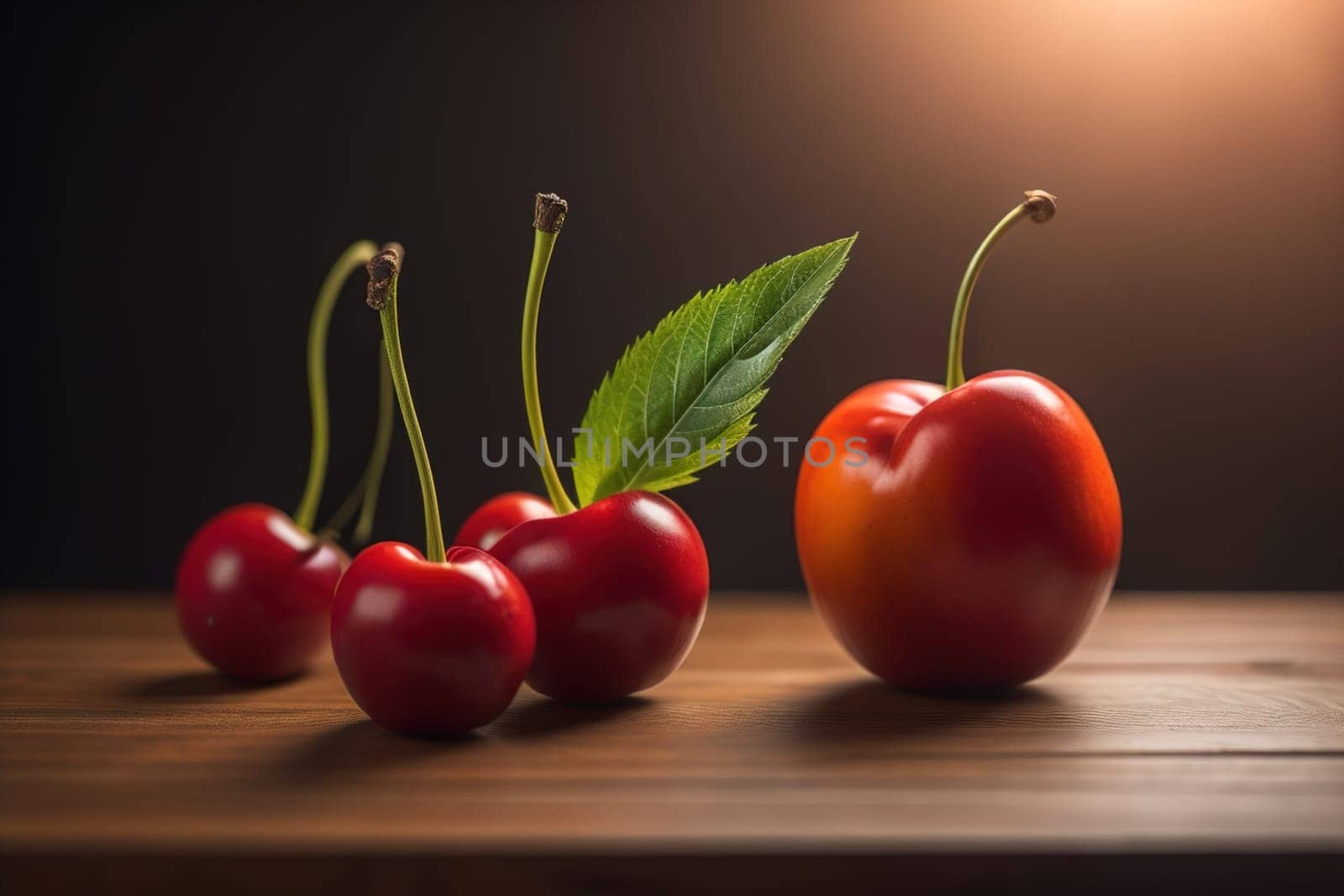 Red cherries on a wooden background. Close up. Selective focus. ai generative