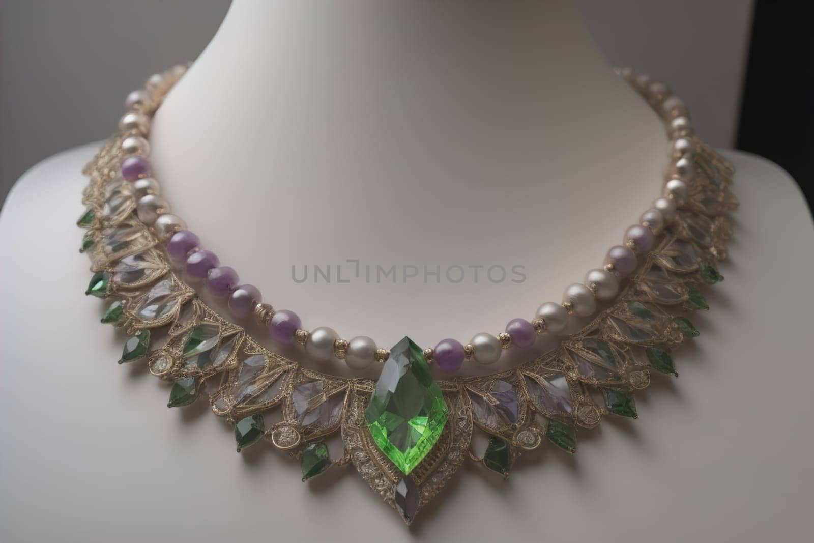 necklace on a mannequin in the studio on a solid color background. ai generative
