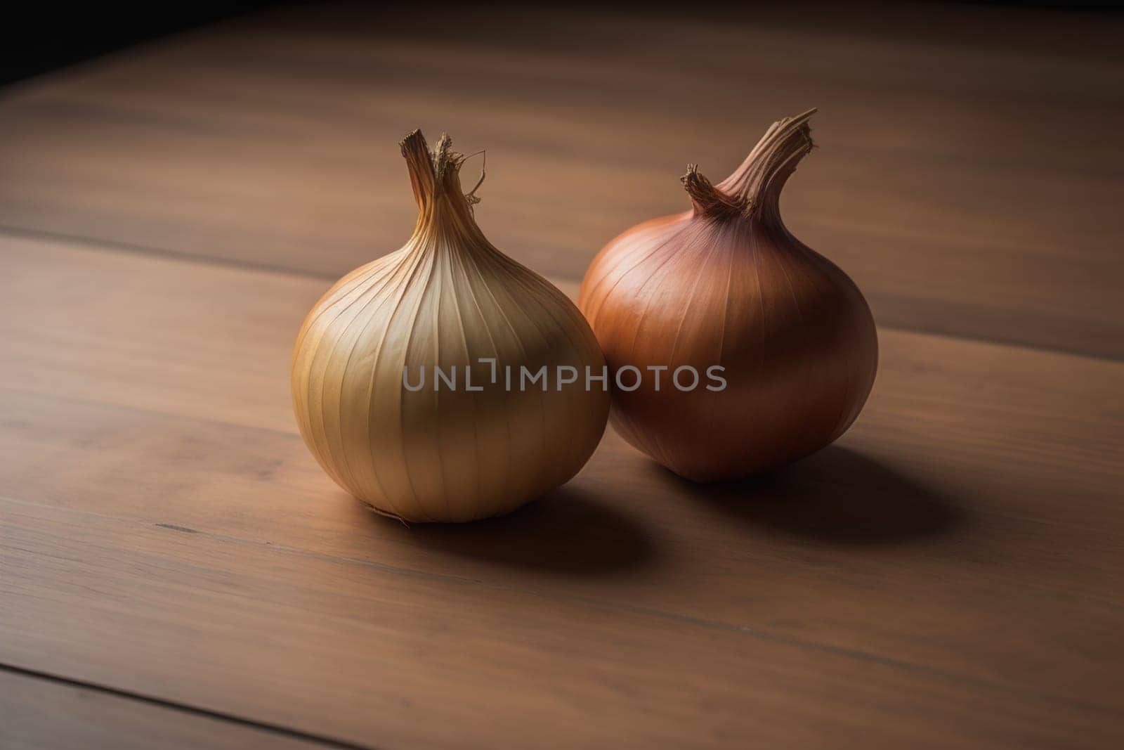 Three onions on a wooden table in front of a solid color background. ai generative