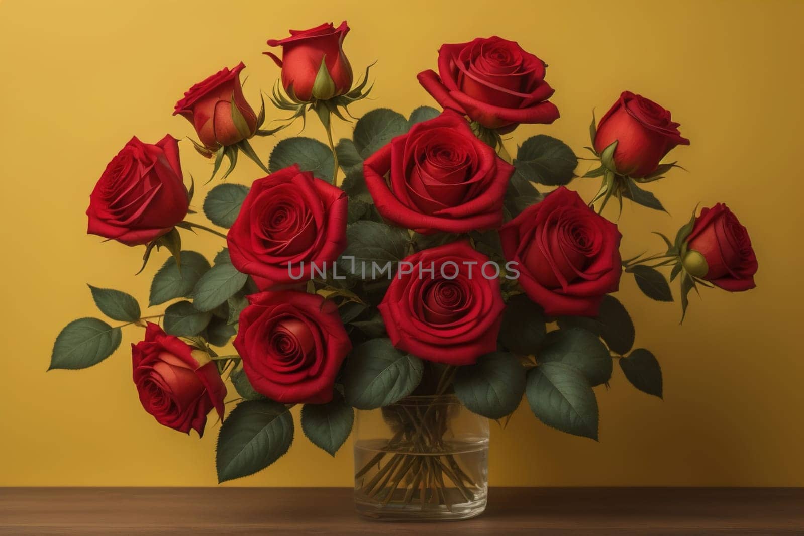 Red roses background. Top view of beautiful red roses with green leaves. ai generative