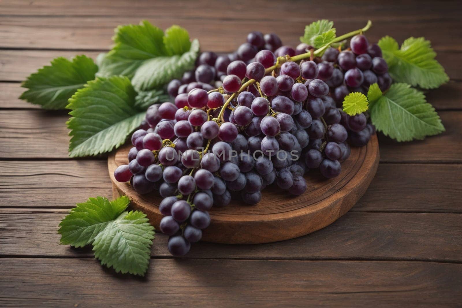 Bunch of fresh grapes on wooden table. Vintage style toned picture. ai generative