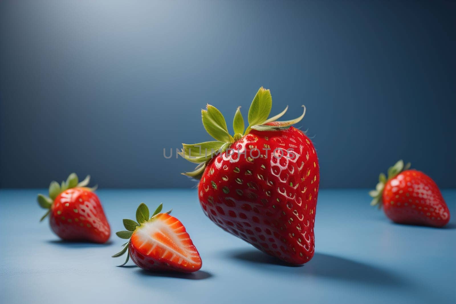 Fresh strawberries on a solid color background. generative ai