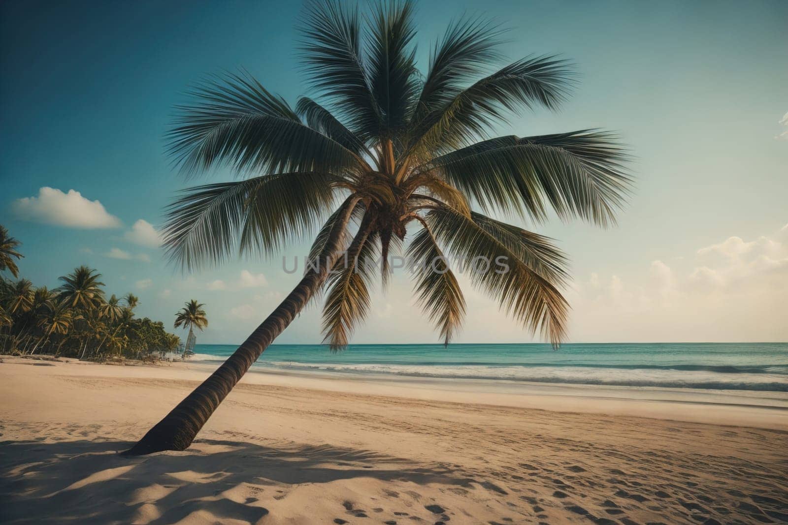 Beautiful tropical beach with coconut palm tree. ai generative by sanisra