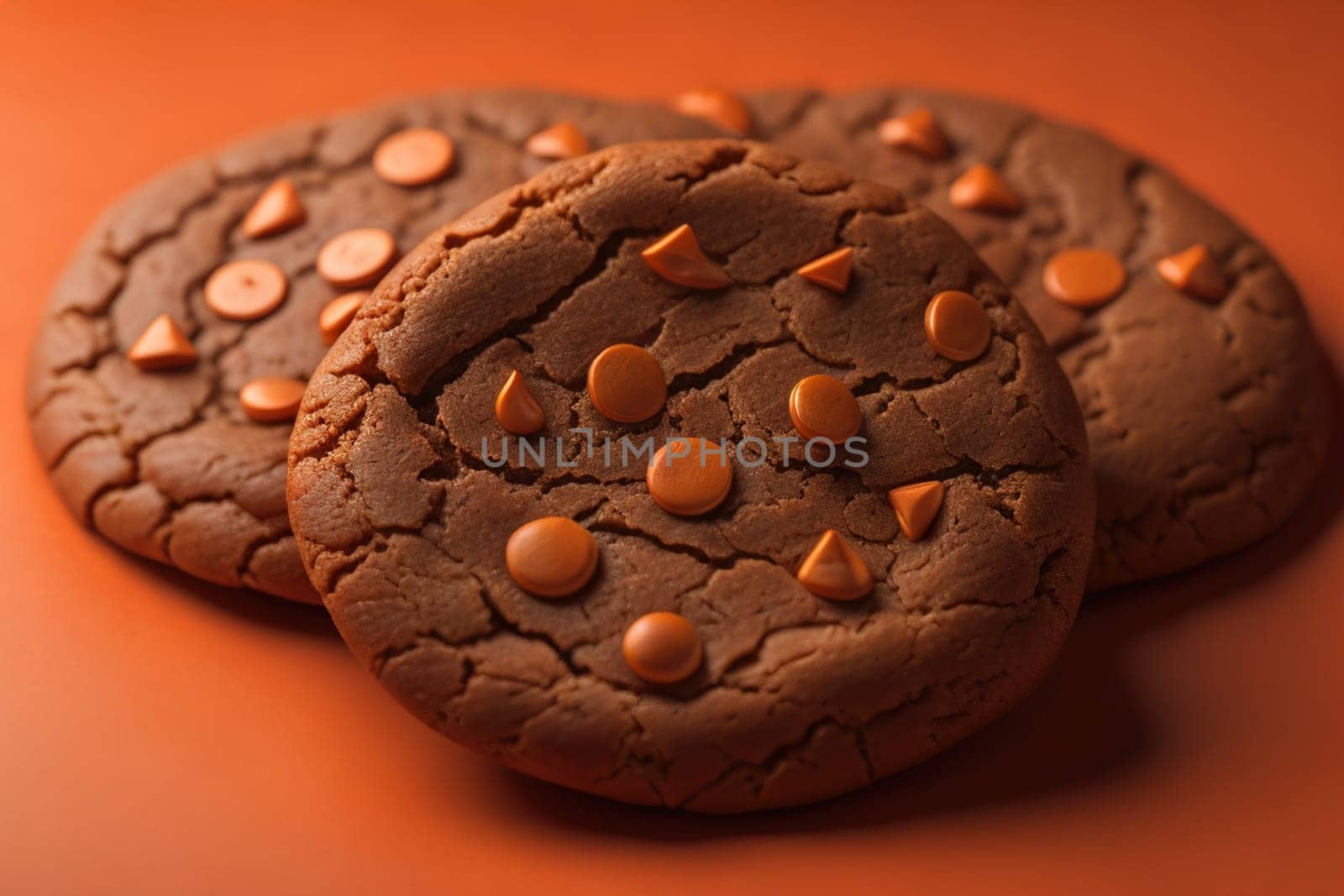 Chocolate chip cookies on orange background. Close up. Selective focus. ai generative