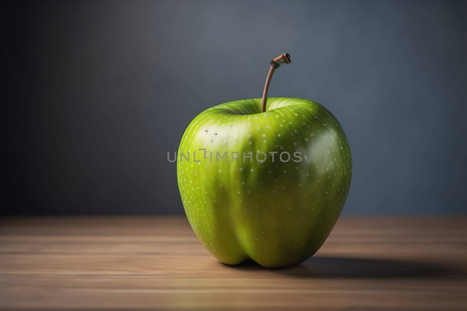 Green apple on a wooden table with dark background, shallow depth of field. The concept of healthy eating. ai generative