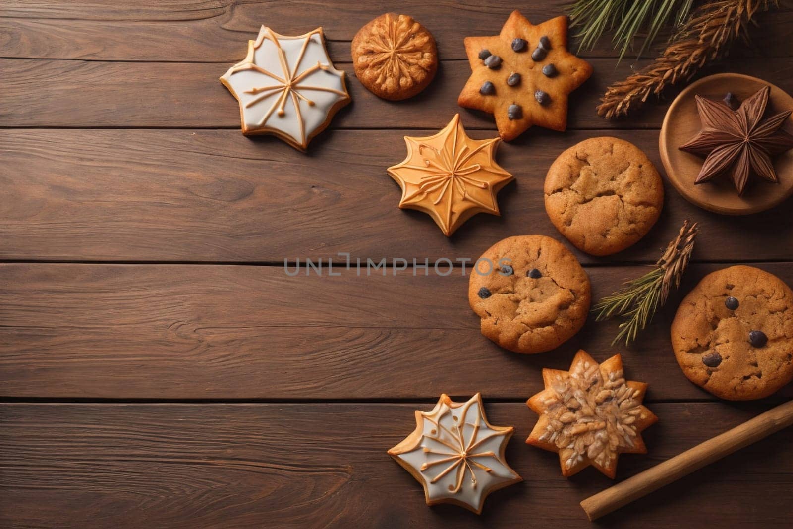 Cookies on a wooden table. Top view. ai generative