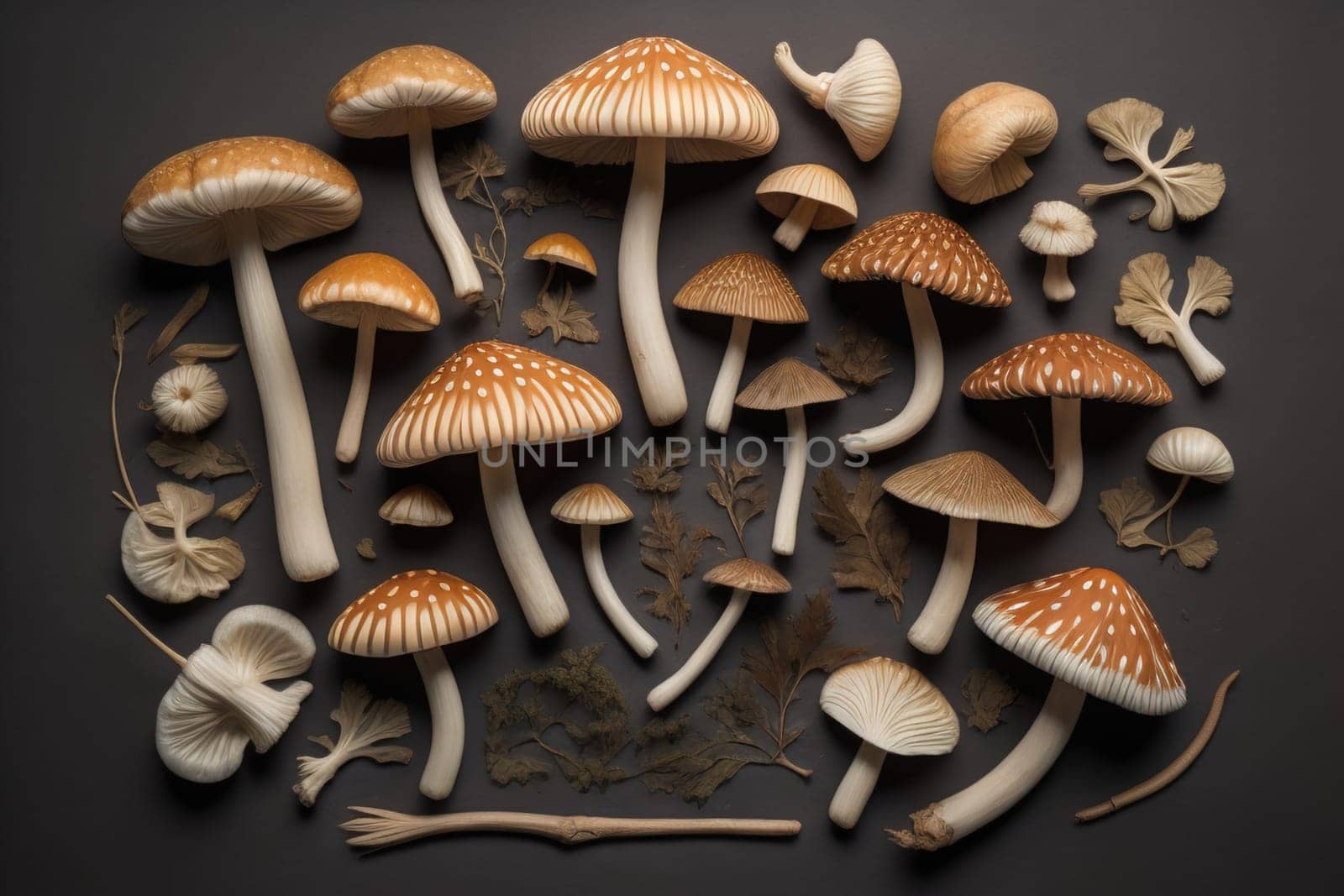 Mushrooms on a solid color background with green moss and water drops. generative ai