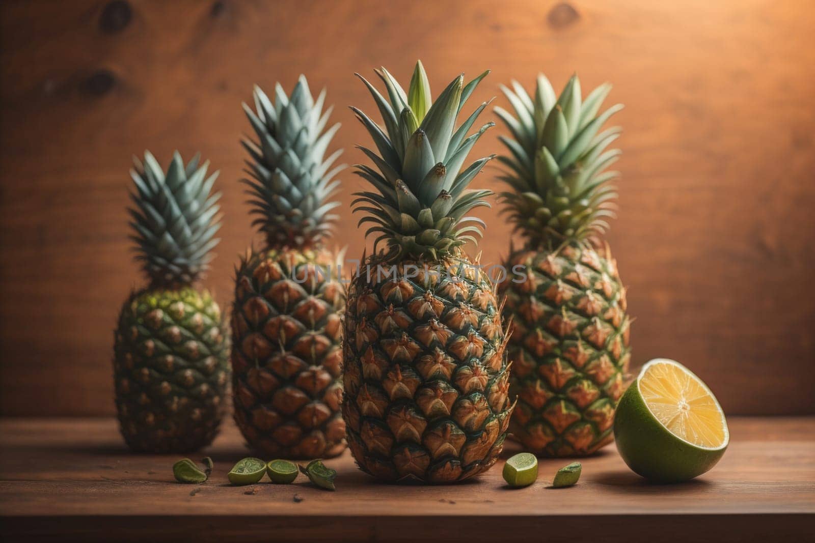 Pineapples on a wooden background. ai generative