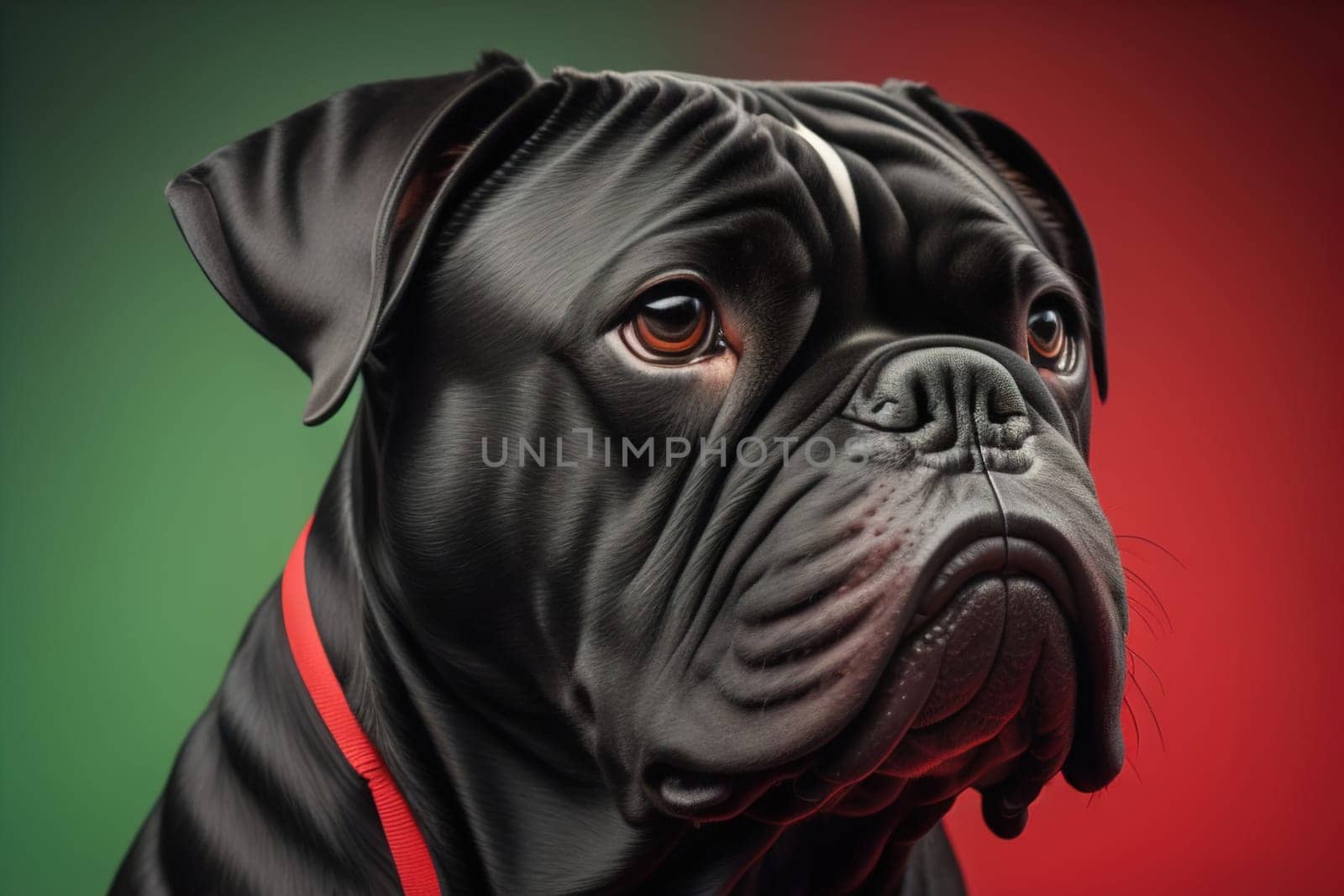 Close up portrait of a cute black dog on a orange background. ai generative